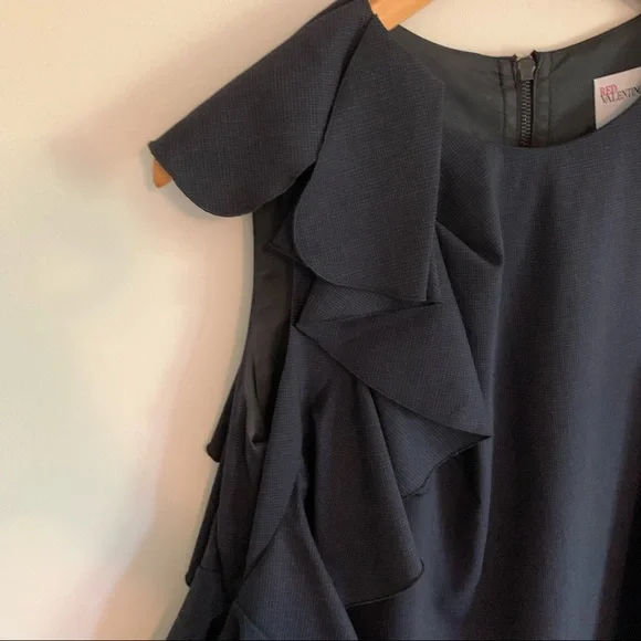 RED Valentino Navy / Black Pattern Ruffle Wool Dress, US 6